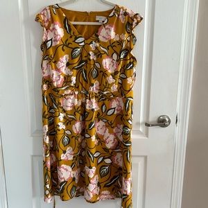Loft Dress Yellow With White/Pink/Green Florals Size XL